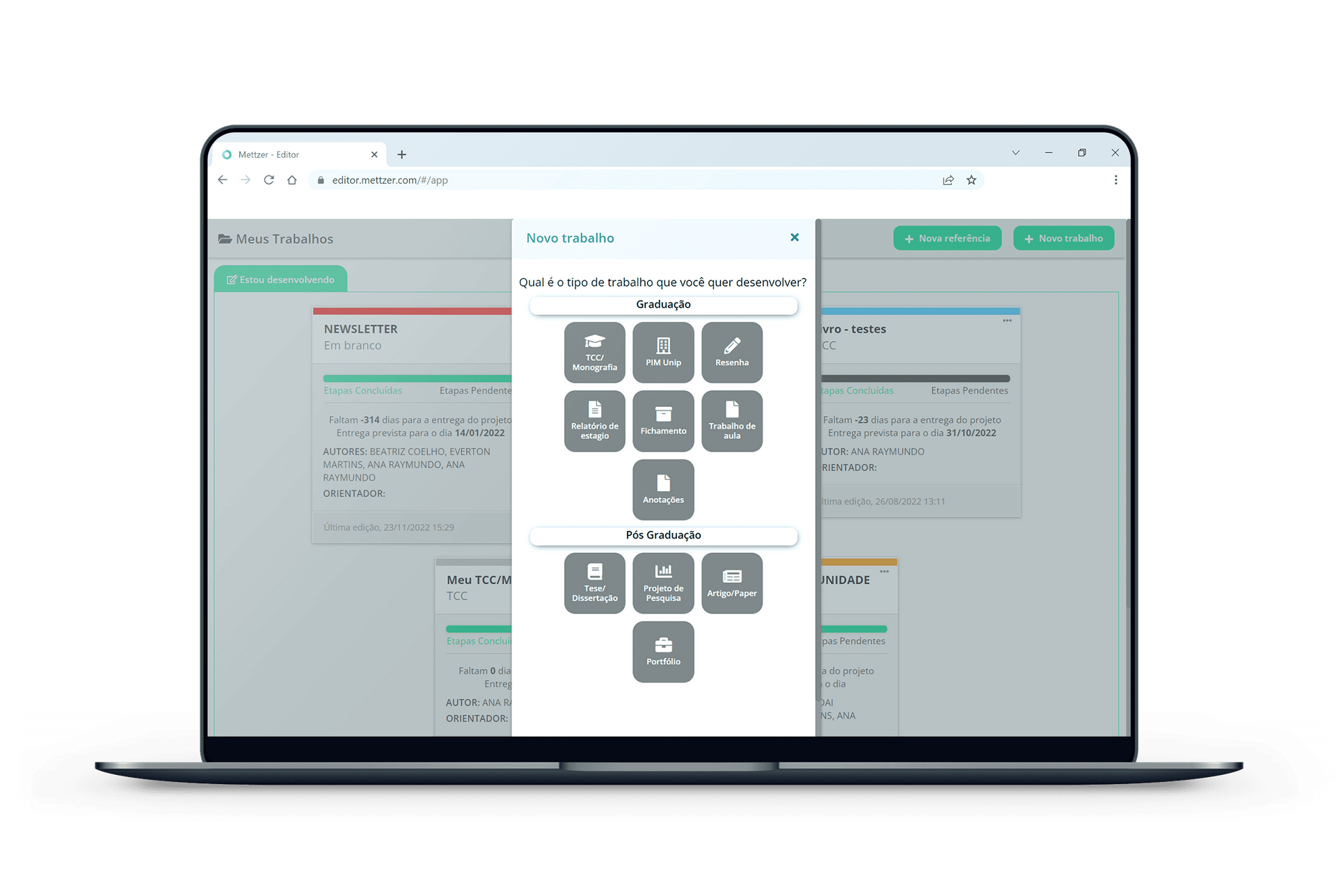 Mettzer: sua plataforma digital para organizar e criar trabalhos acadêmicos de forma eficiente e automatizada.