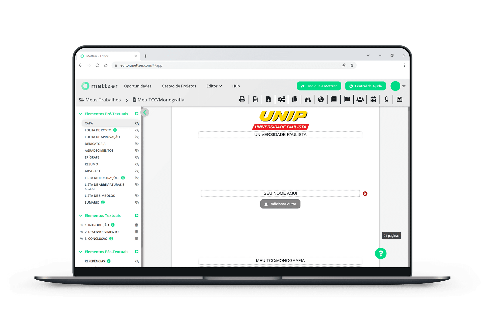 MacBook mostrando o portal Mettzer: criação de documentos acadêmicos, organização de TCC e templates para estudantes