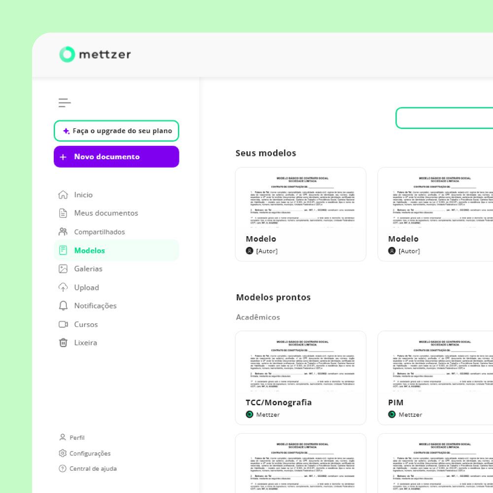 Modelos personalizáveis da Mettzer para documentos acadêmicos e profissionais, incluindo TCCs, relatórios e propostas.