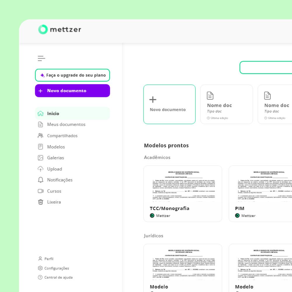 Dashboard MOVE da Mettzer: organização inteligente de documentos e acesso rápido a modelos para acadêmicos e profissionais