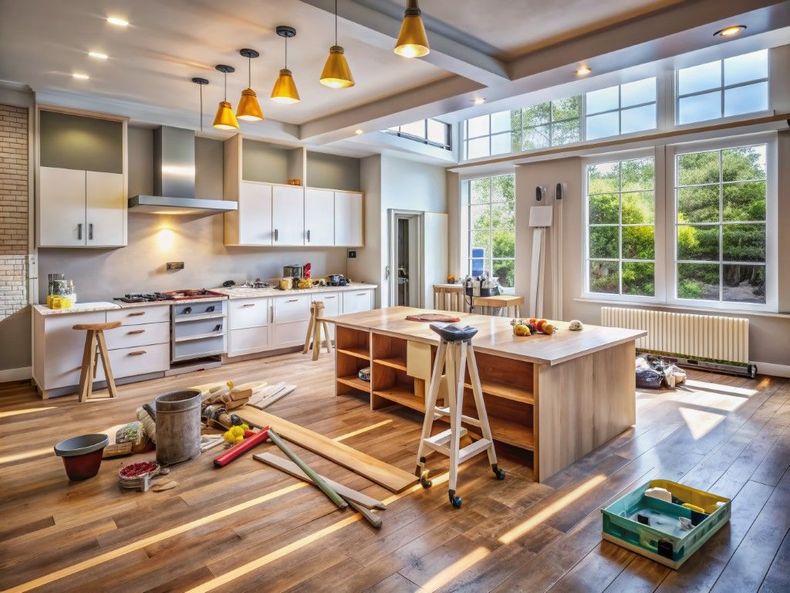 Bright modern kitchen with island, white cabinets, pendant lights, and tools scattered on the floor.