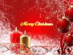 Merry Christmas greeting with red candles, gold ornament, and festive red decorations on a snowy background