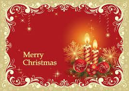 Festive red Christmas card with candle, ornaments, and “Merry Christmas” text