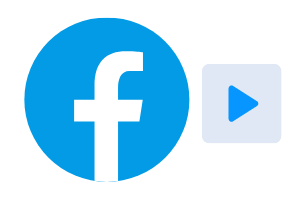 Facebook logo with blue circle and white “f” beside a light gray play button icon