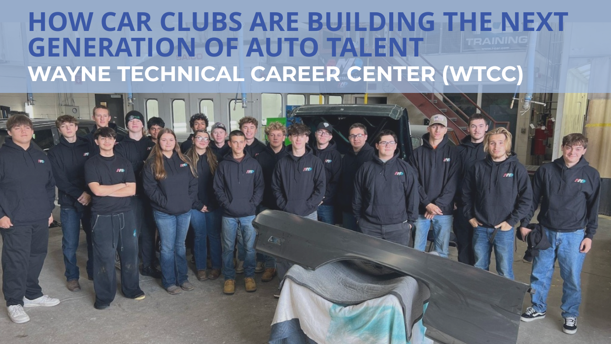 Group photo of Wayne Technical Career Center automotive students standing in a vehicle shop behind a primed car body panel, with overlay text reading, “How Car Clubs Are Building the Next Generation of Auto Talent” and “Wayne Technical Career Center (WTCC).”