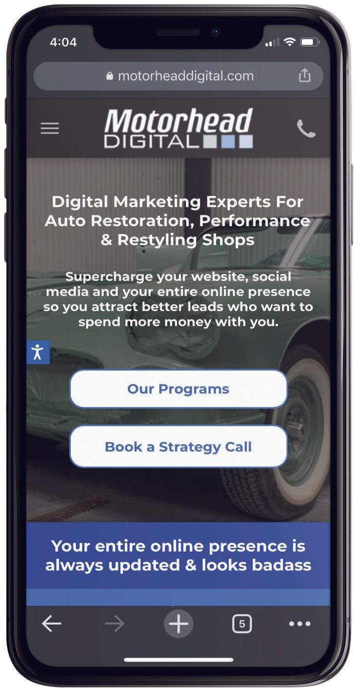 photo of a smartphone displaying the website  motorheaddigital.com