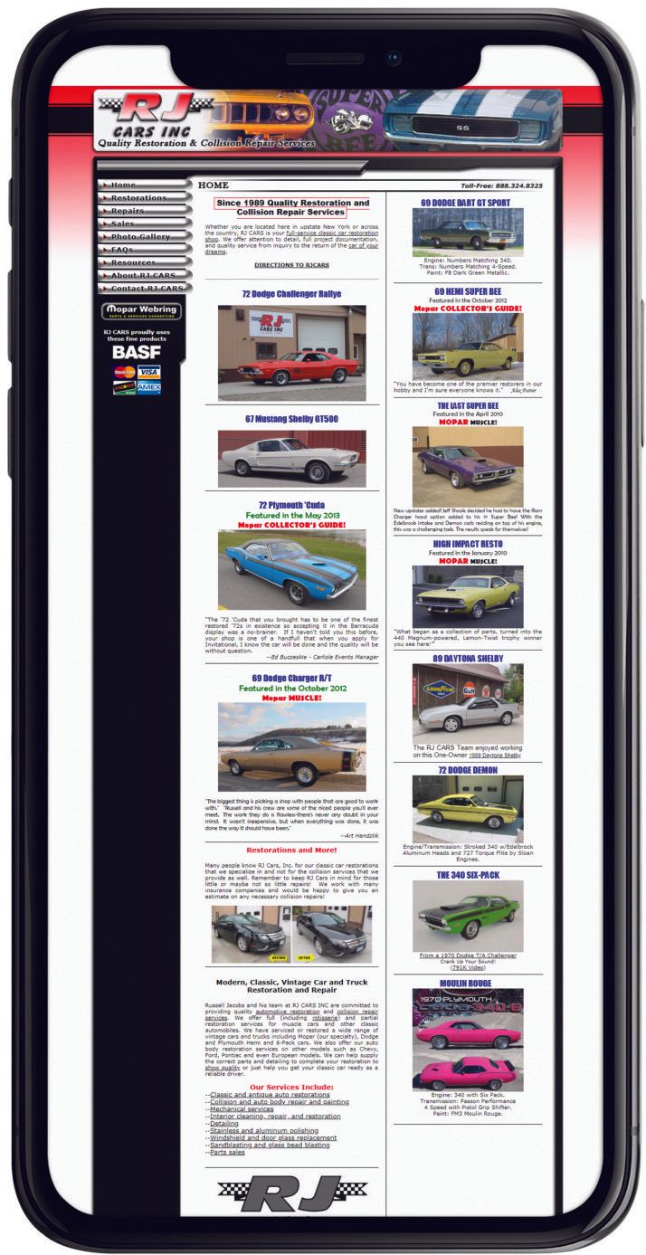 photo of a smartphone displaying the website  for RJcars