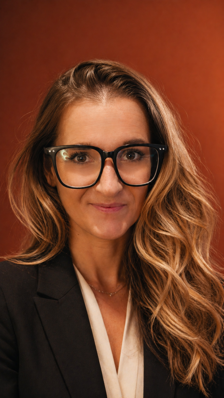 Professional headshot of a woman with long, wavy light-brown hair wearing black-framed glasses and a dark blazer over a light blouse, smiling gently against a warm, rust-colored background.