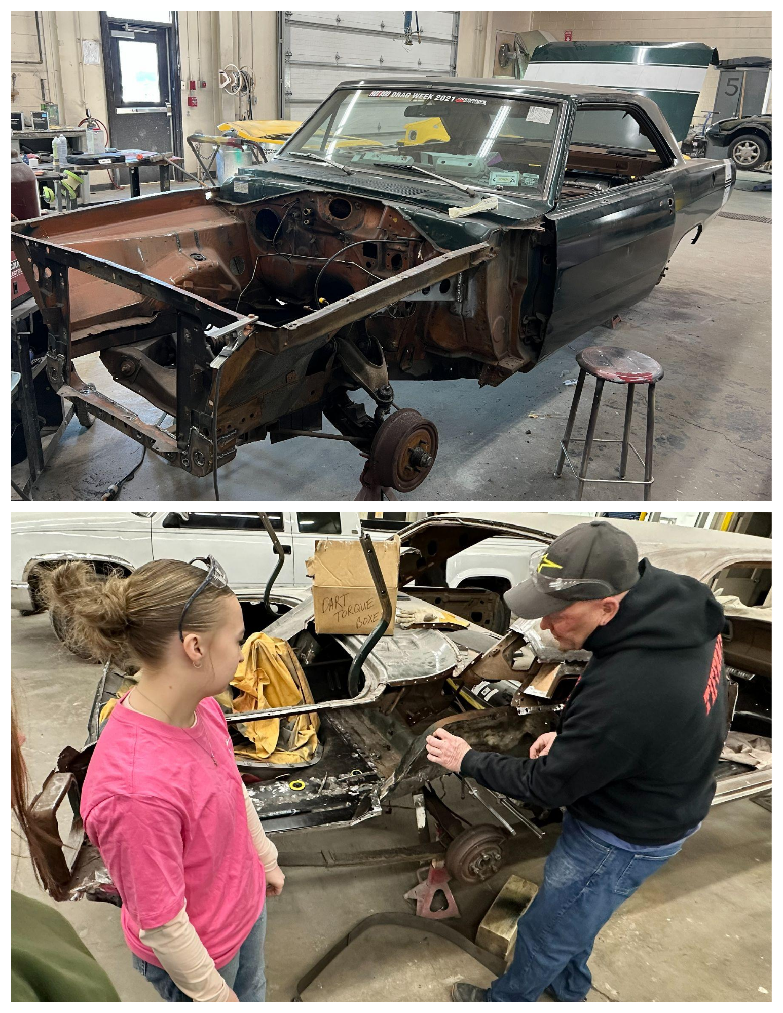 Top image:
Partially restored classic car body in auto shop with engine bay exposed
Bottom image:
Instructor shows student rust repair work on stripped classic car in shop