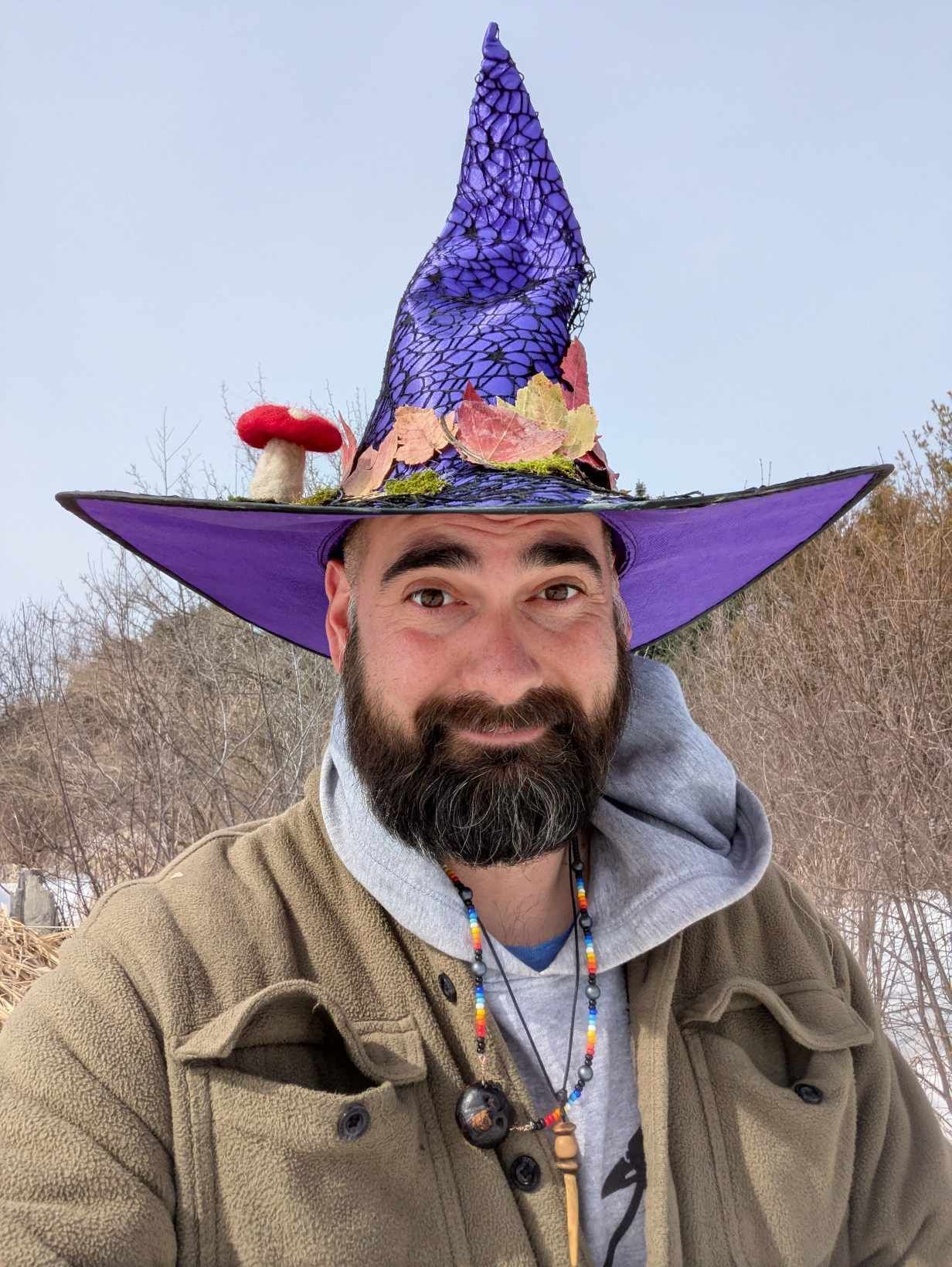 A man with a beard is wearing a purple witch hat with mushrooms on it.
