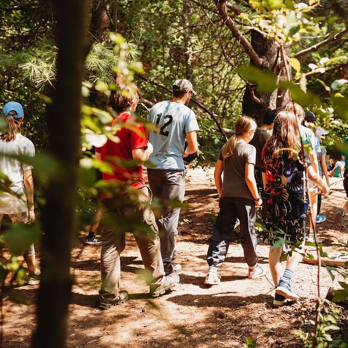 A group of people are walking down a path in the woods.