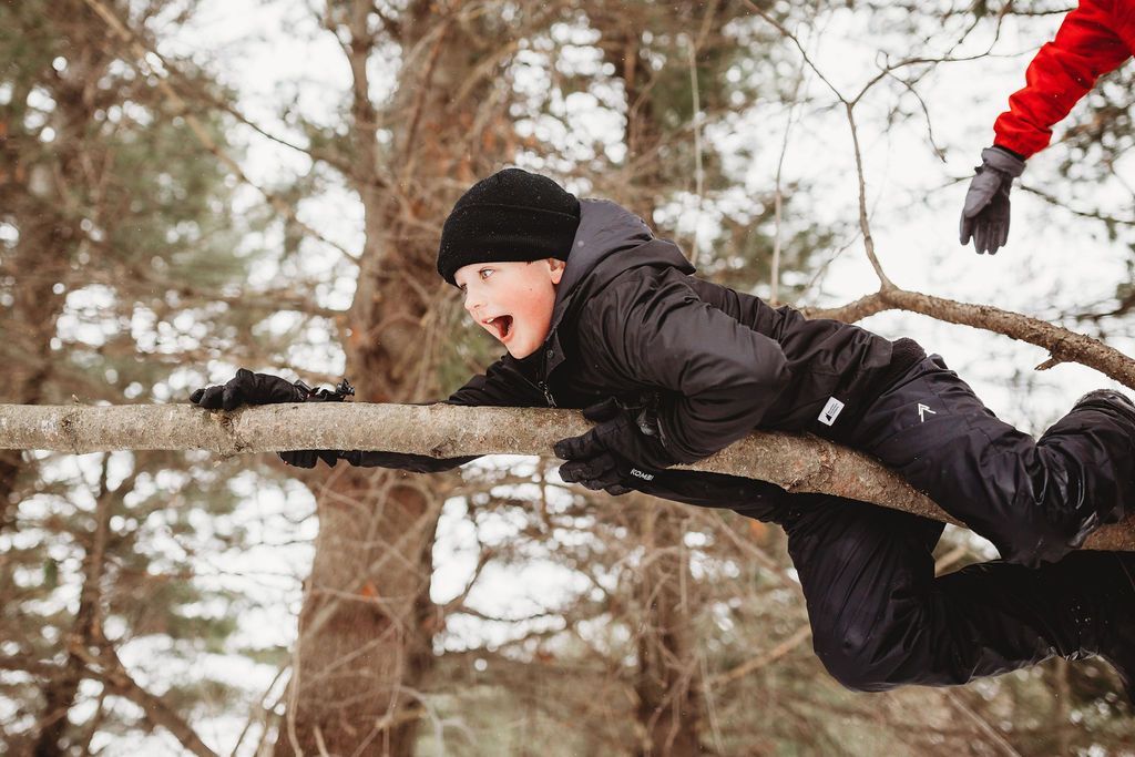 A person is helping a young boy climb a tree branch.