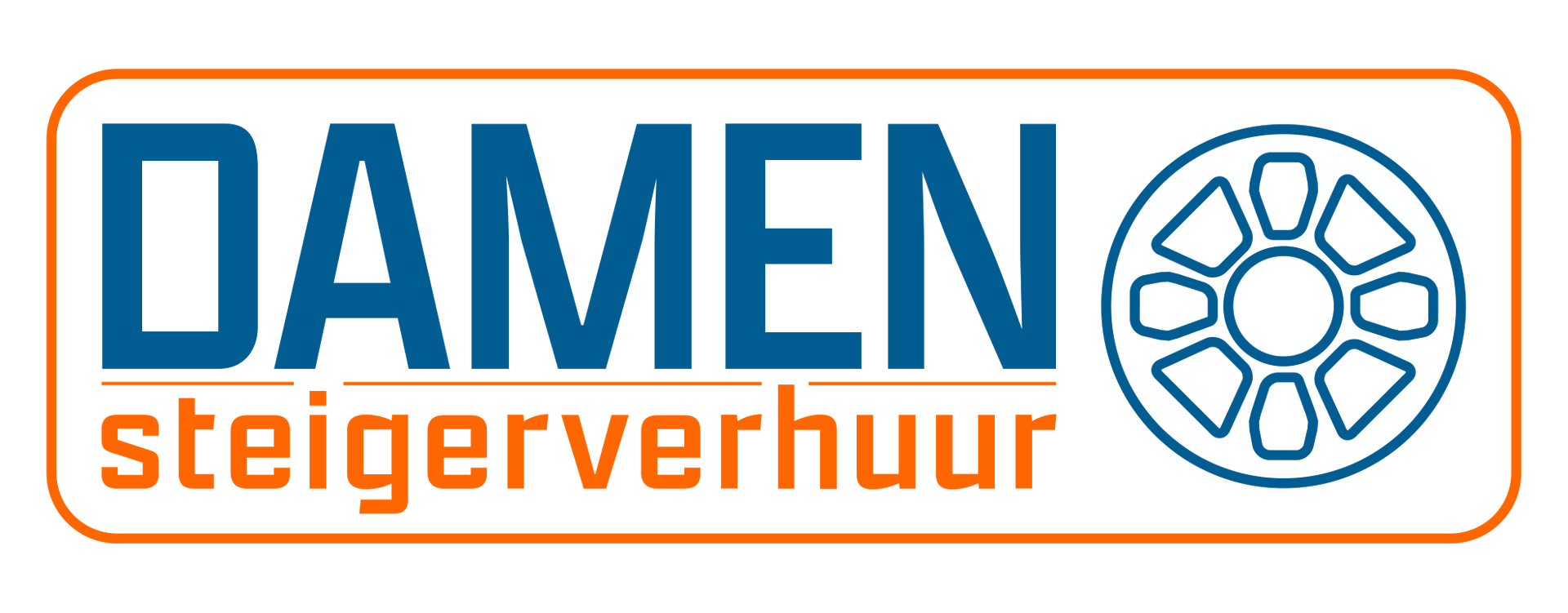 Een blauw en oranje logo voor damen steigerverhuur