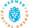 Een blauw en oranje logo voor nedweb digital agency