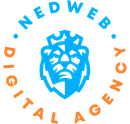 Een blauw en oranje logo voor ned web digital agency