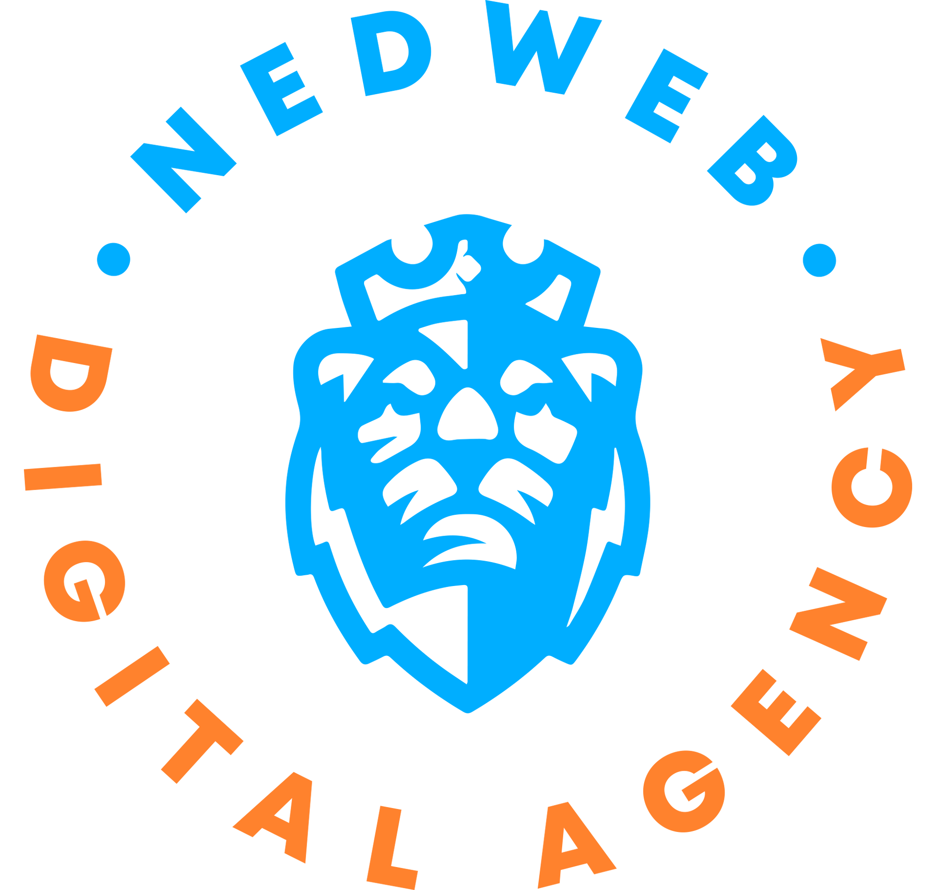 Een blauw en oranje logo voor ned web digital agency