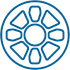 Een blauw pictogram van een wiel met driehoeken in een cirkel.