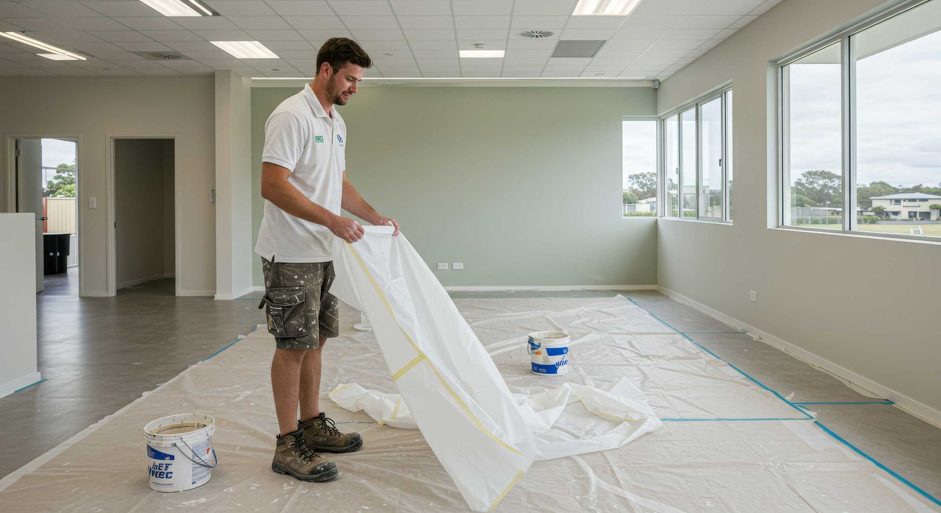 Professional Painters Working On Office Interior In Hervey Bay