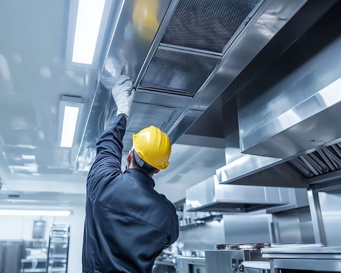 Worker in yellow hard hat inspecting stainless steel kitchen ventilation ducting in a commercial kitchen
