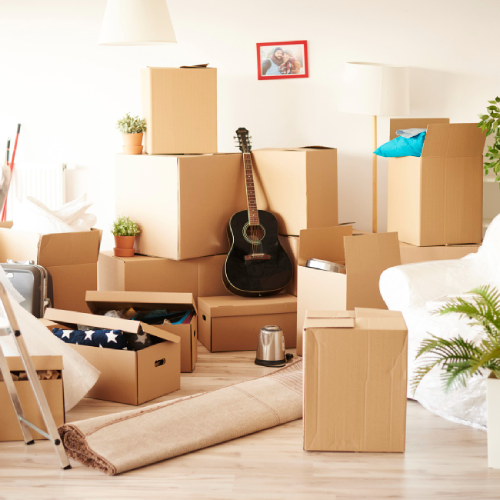 Boxes and unpacked items in a room, ready for moving day.