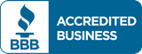 BBB Accredited Business logo, blue and white, with torch icon.
