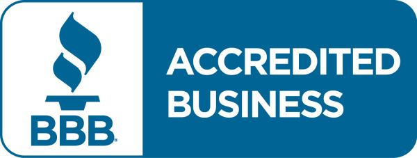 BBB Accredited Business logo, blue and white, with torch icon.