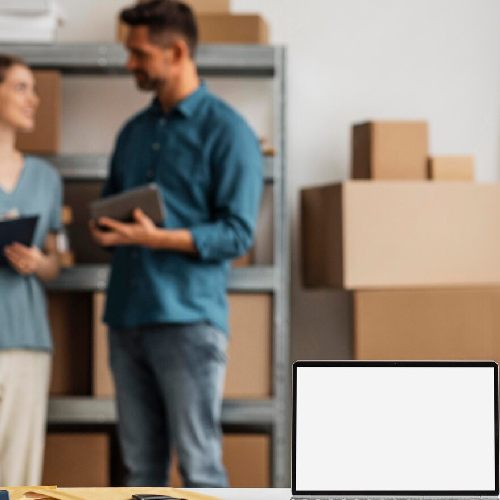 Man and woman in warehouse, boxes and shelves in background, laptop in foreground.