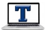 A laptop with a blue letter t on the screen.