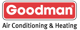 The logo for goodman air conditioning and heating is red and white.