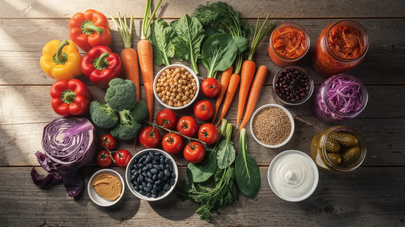 A variety of fresh vegetables, fruits, grains, and jarred foods arranged on a wooden table.