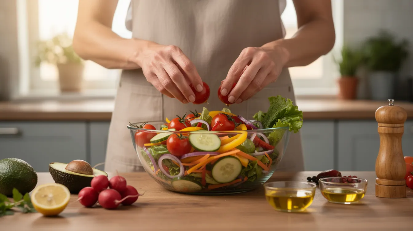A person is preparing a colorful salad in a home kitchen, featuring a variety of fresh vegetables that promote healthy gut flora and support the immune system. The vibrant ingredients highlight the importance of a balanced diet for maintaining optimal gut microbiota and overall human health.