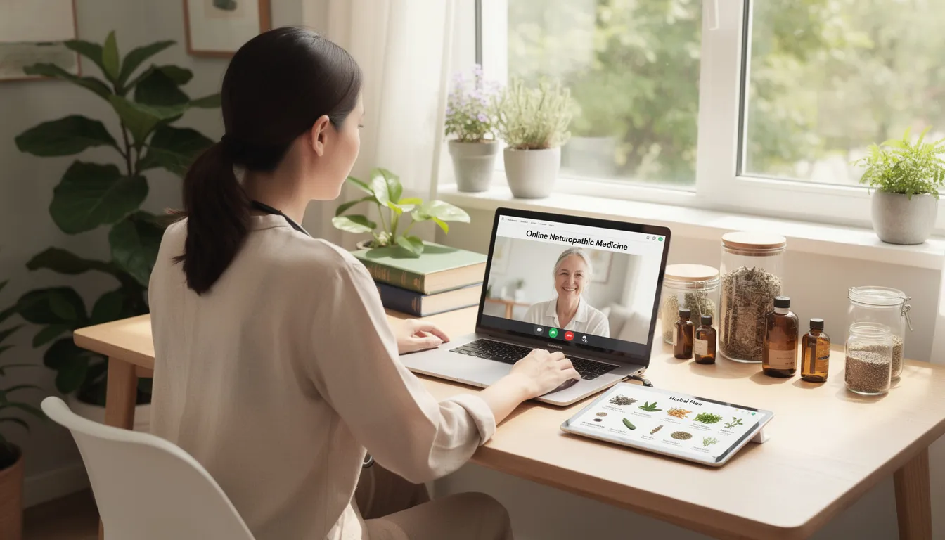 A person sits at a wooden desk in a sunlit room, using a laptop for a video call with a health professional.