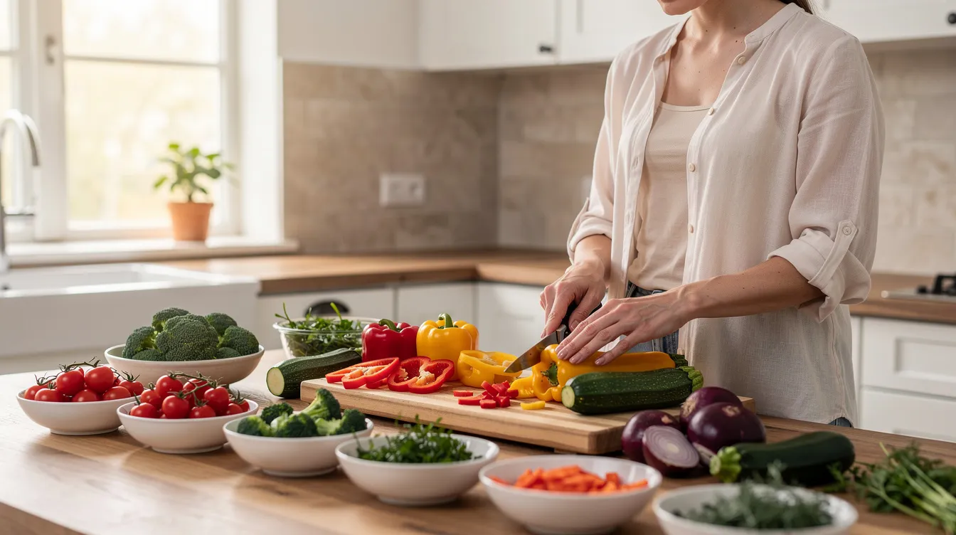 Person preparing fresh vegetables on a kitchen counter with bowls of tomatoes, peppers, cucumbers, and herbs