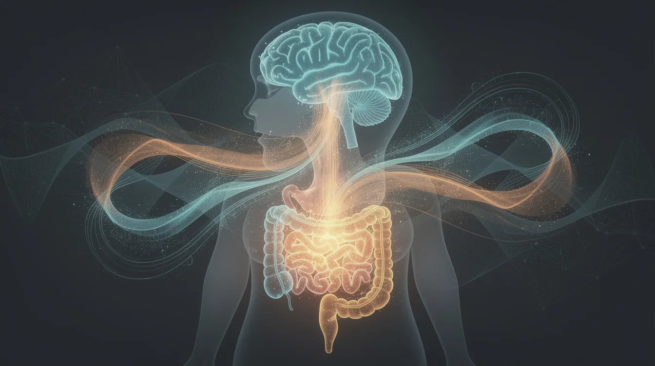 The abstract image illustrates the dynamic connection between the brain and digestive organs, depicted through flowing energy that symbolizes the interaction of gut microbiota and the central nervous system. This visual representation highlights the importance of gut flora in human health and its role in various digestive processes and immune functions.