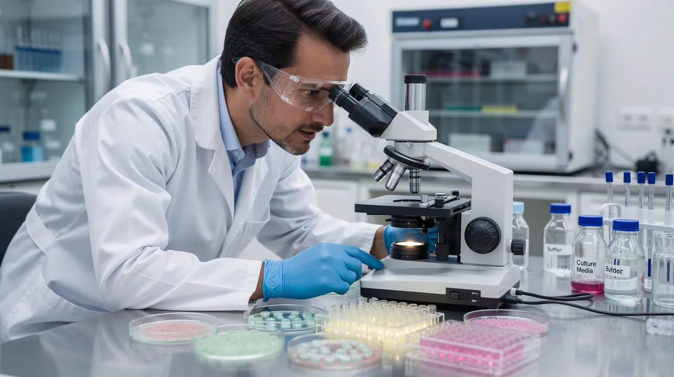 Scientist in a lab coat and gloves examines a sample through a microscope in a laboratory.