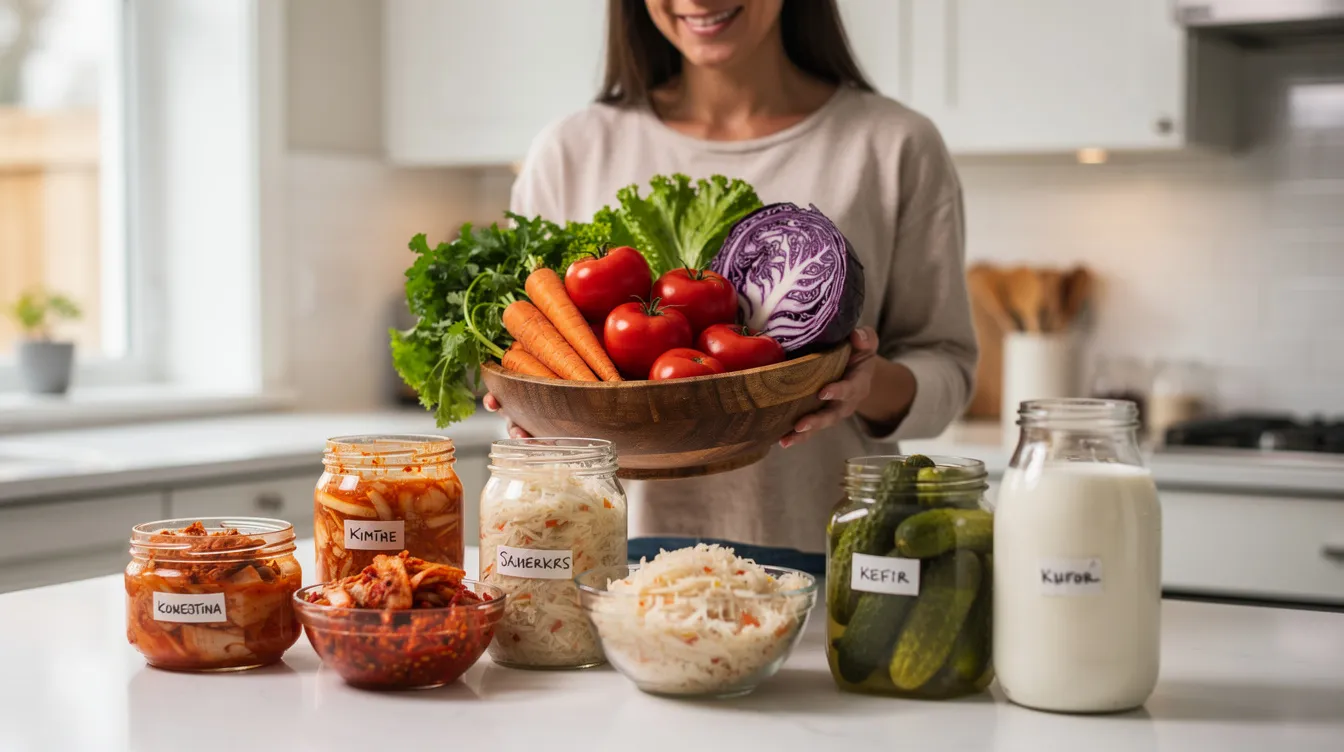 A person is holding a colorful assortment of fresh vegetables alongside various fermented foods, all beautifully arranged on a kitchen counter, emphasizing the importance of gut health and the role of beneficial bacteria in the digestive system. This scene highlights the connection between nutritious food choices and overall well-being, essential for maintaining a healthy gut microbiome.