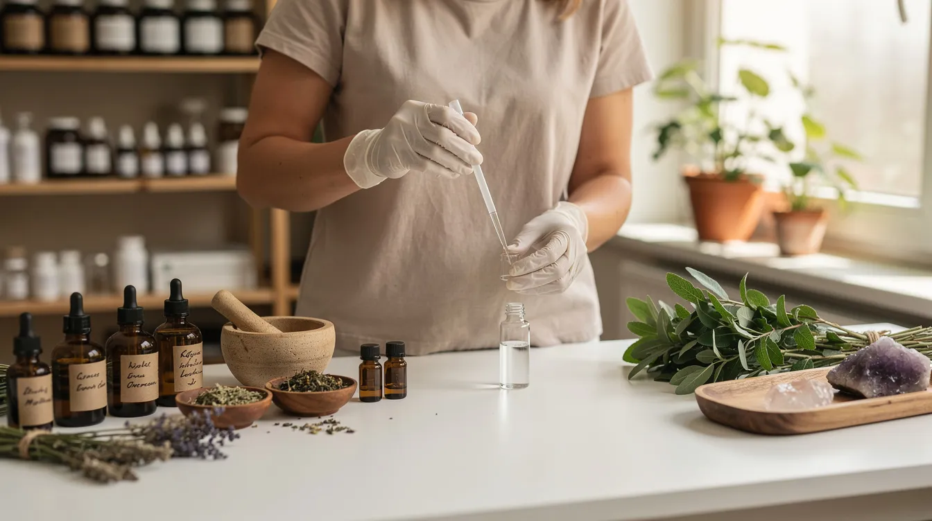 A practitioner is seen preparing a small laboratory sample next to various natural health tools, emphasizing the importance of essential trace minerals for immune support and overall human health. The setup highlights the role of these vital nutrients in processes like energy production and red blood cell production.