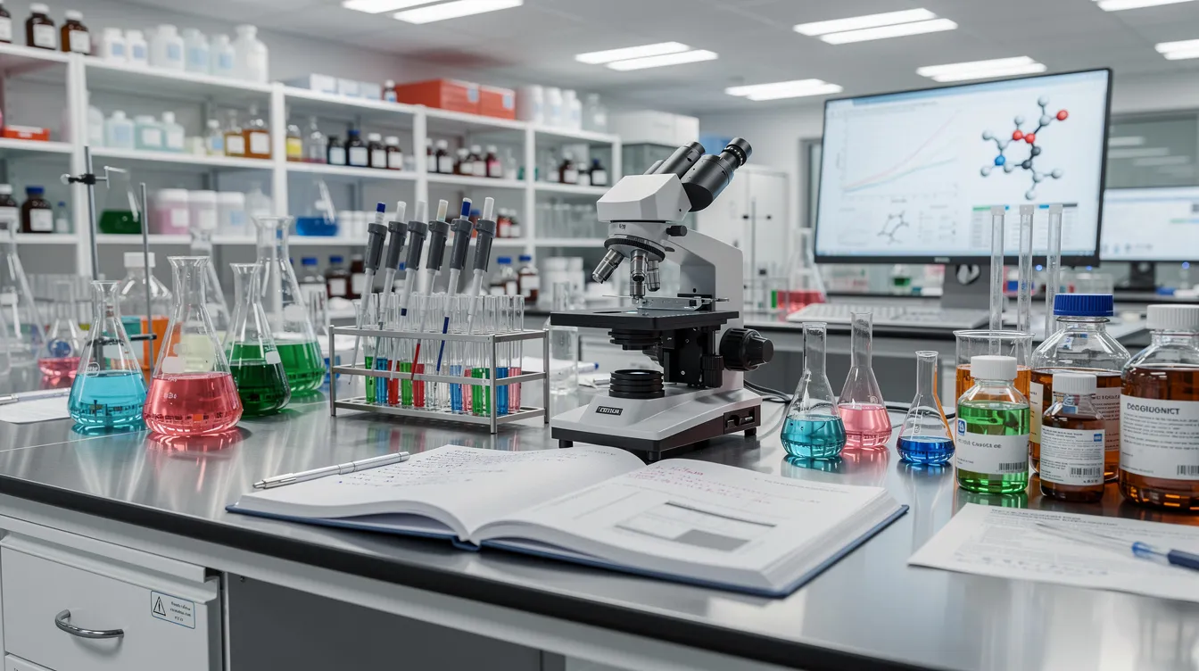 The image depicts a laboratory setting filled with various scientific equipment and research materials, showcasing a space where scientists may be conducting experiments related to peptide synthesis. The environment emphasizes the importance of security verification in the research process, ensuring the integrity of scientific communication and protecting against malicious bots.