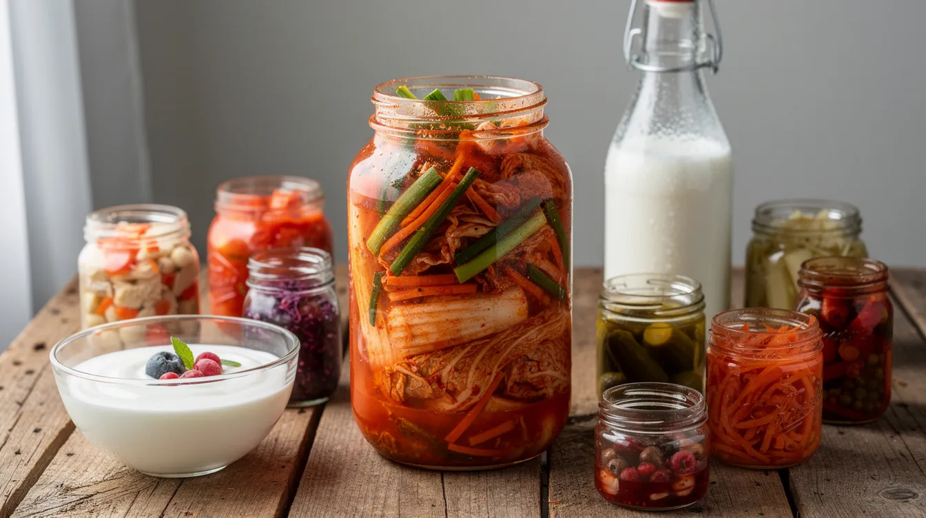 The image displays a variety of fermented foods, including yogurt, kimchi, and kefir, all housed in clear glass containers. These foods are known for their beneficial effects on gut microbiota, contributing to a healthy gut flora and supporting the immune system.