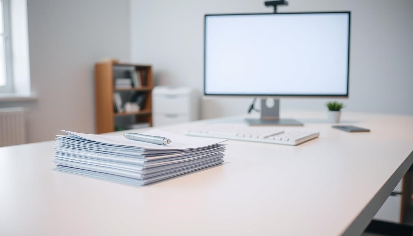 Pile of papers and pen on a desk, computer monitor and keyboard in background.