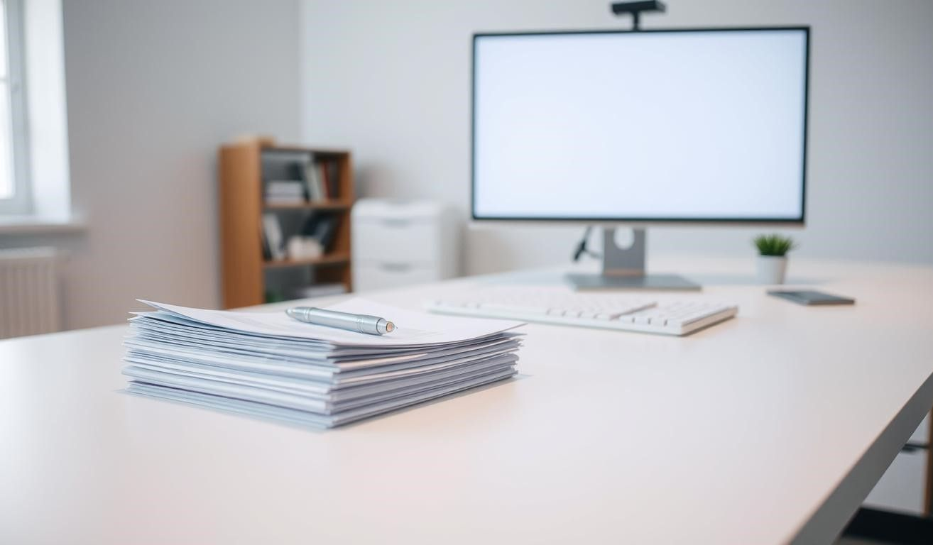Pile of papers and pen on a desk, computer monitor and keyboard in background.
