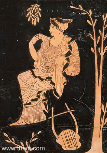 Woman with a lyre, seated near a tree, wearing a draped garment, and a headdress, in a black and red ancient Greek vase painting.