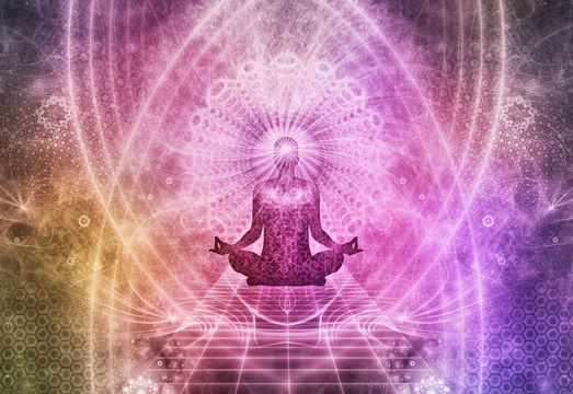 Silhouette of person meditating in lotus pose, surrounded by geometric patterns and a radiant, colorful aura.