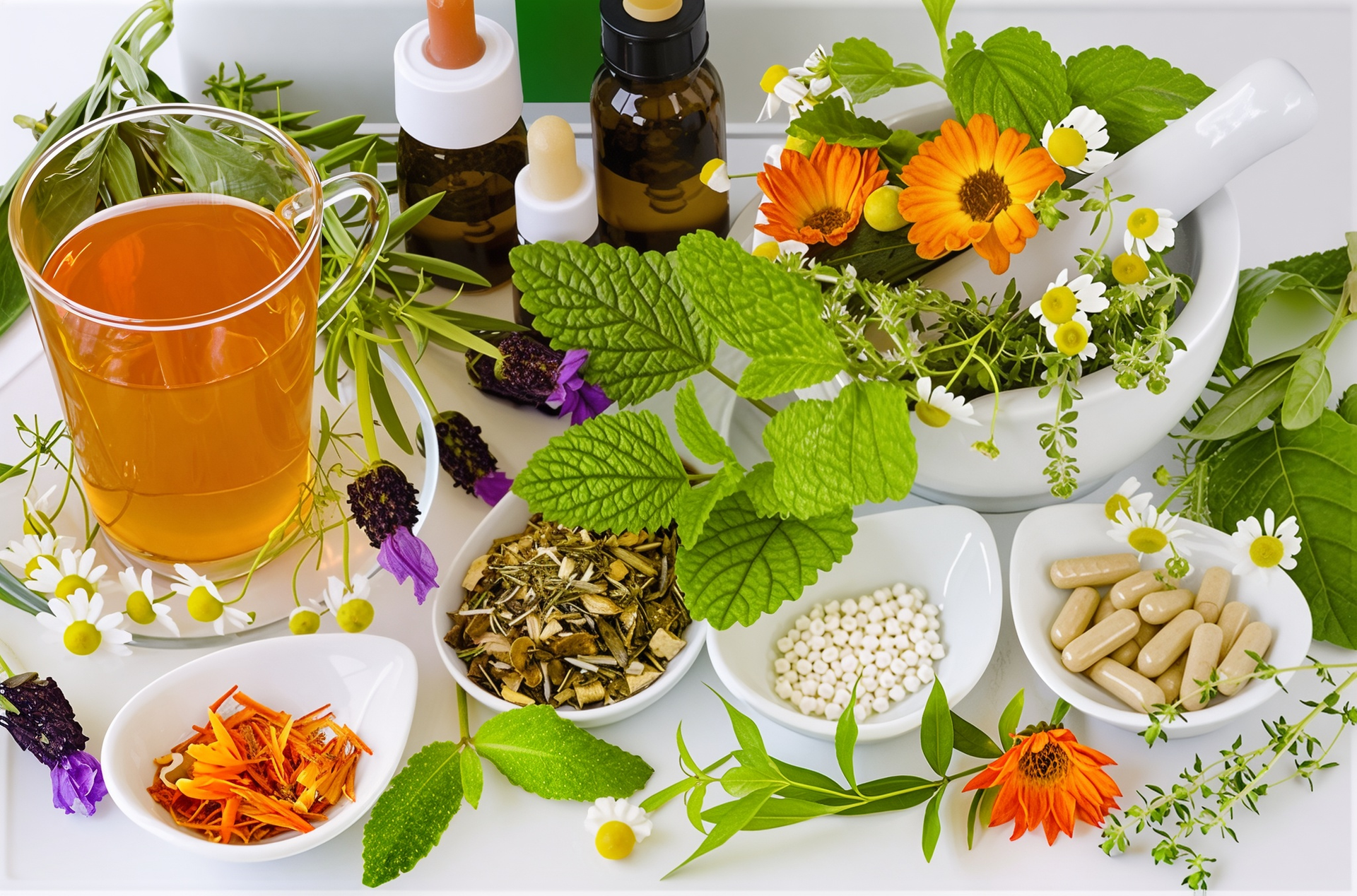 Herbal medicine display: glass of tea, vials, herbs, flowers, capsules, and mortar.