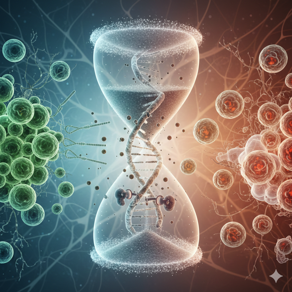 Hourglass with DNA, cells: concept of time, aging, and life.