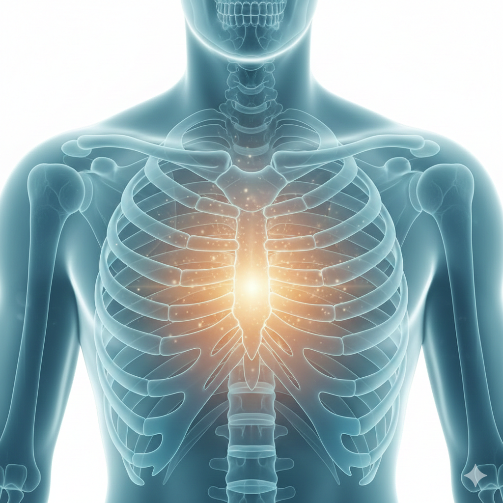 Human upper torso with transparent chest, glowing heart.
