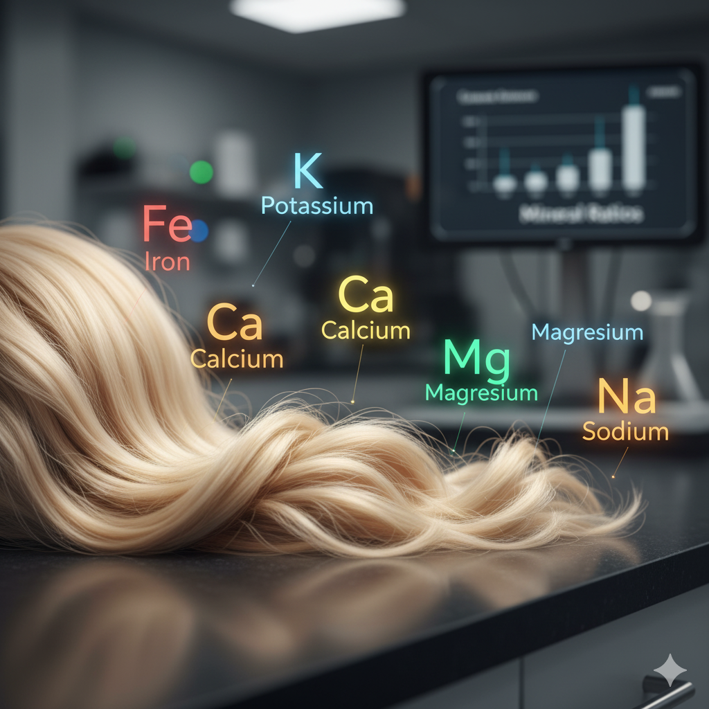 Blond hair with labels for chemical elements like iron, potassium, and calcium overlaid.