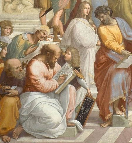 Philosophers in a classical setting; Aristotle writing, Plato points up, others observe.