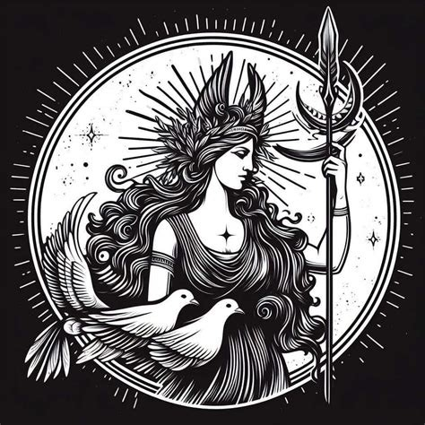 Woman with crown, spear, and doves in a circle of radiating light.