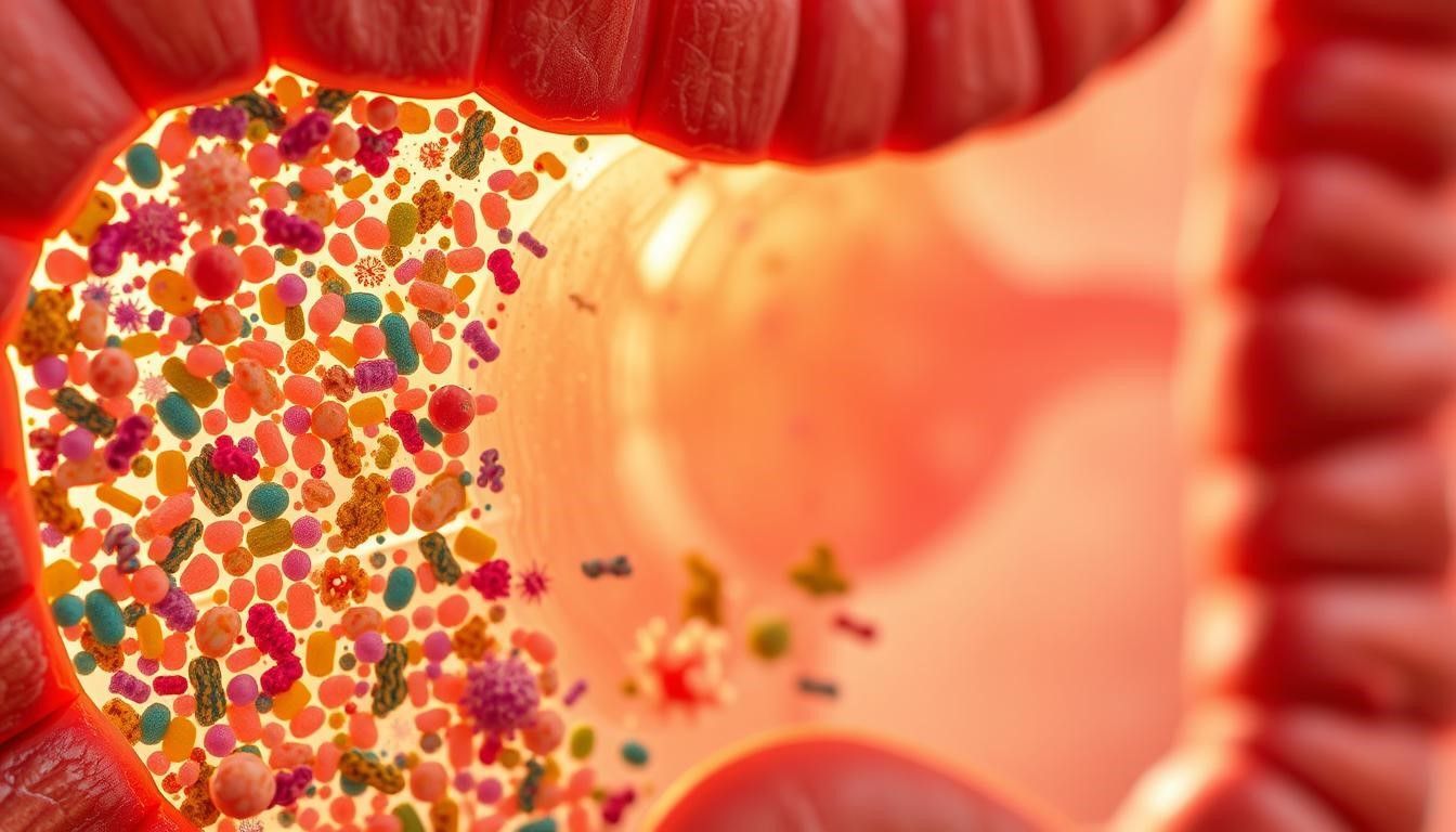 Illustration of the inside of a human intestine, filled with colorful bacteria.